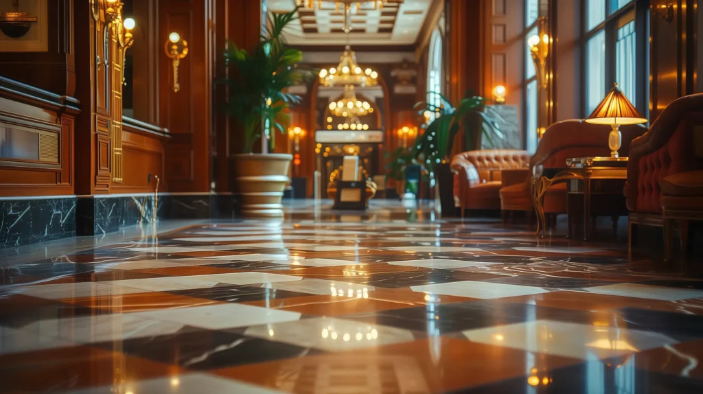 this is a beautiful hallway in a hotel, in the style of tilt shift, luxurious opulence, uhd image, light amber and navy, ceramic, moody and tranquil scenes, detailed architectural scenes